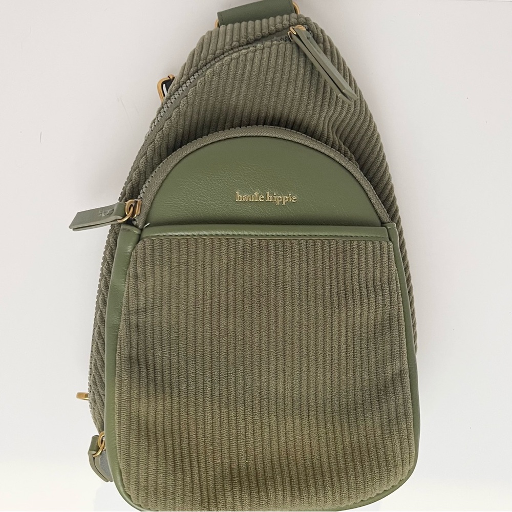 Haute Hippie Olive Corduroy Sling Bag – Gold Hardware, Striped Strap